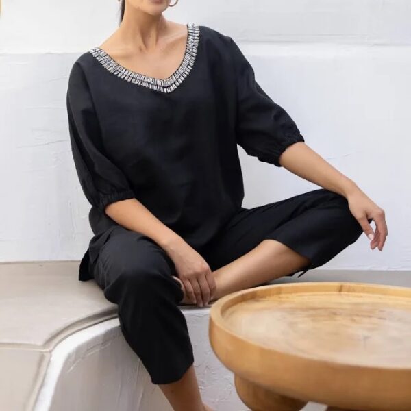 Two T's Linen Beaded V Neck Top