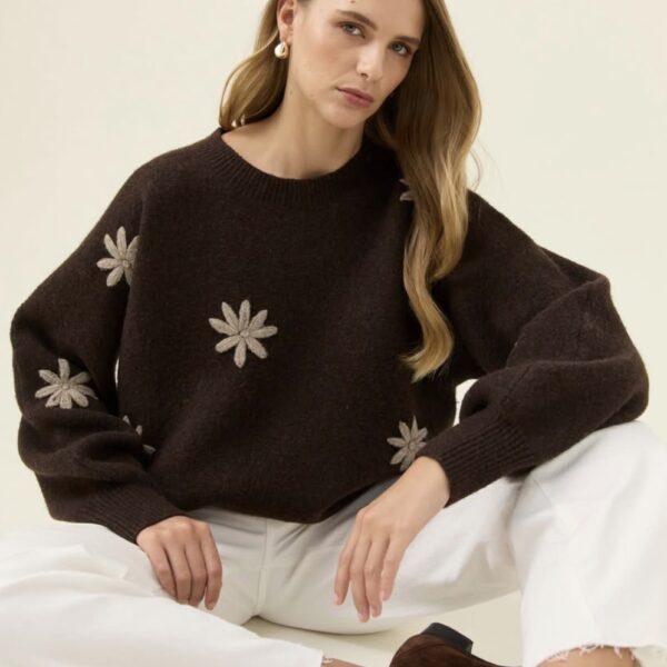 isle of mine miru stitch flower jumper chocolate