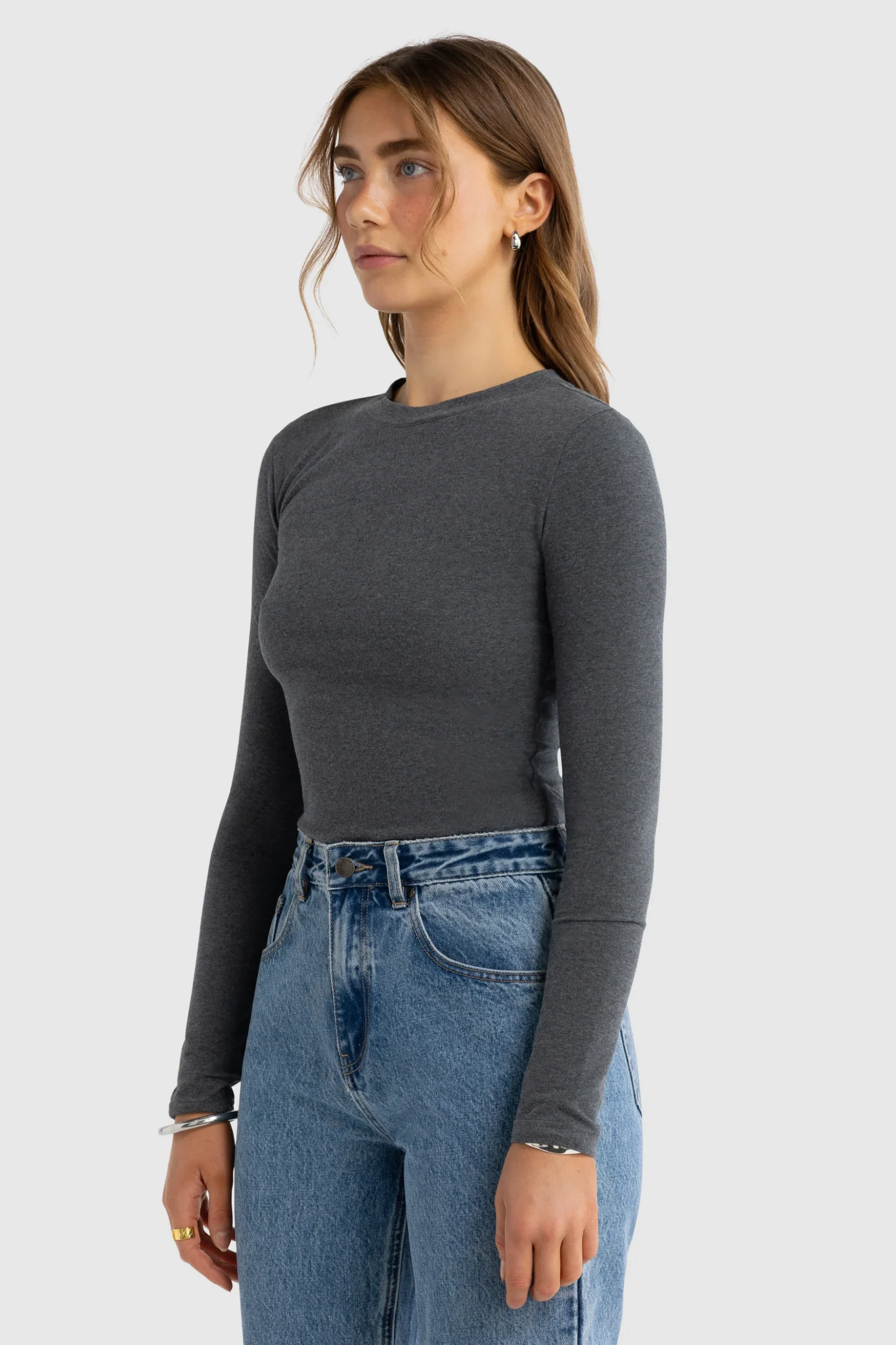 ORTC Evie Long Sleeve Fitted Top - Charcoal - Image 2