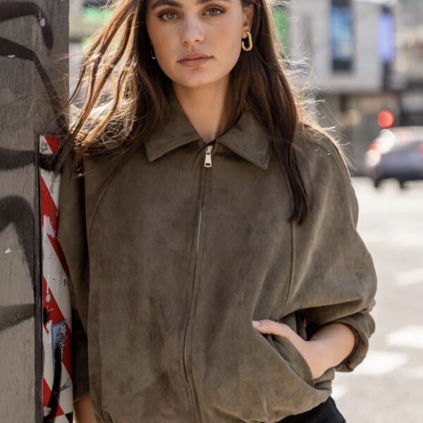 Troupe Khaki Faux Suede Bomber Jacket