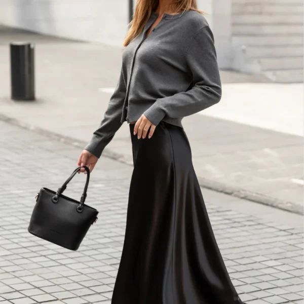 Margarita Black Satin Lace Trim Bias Maxi Skirt