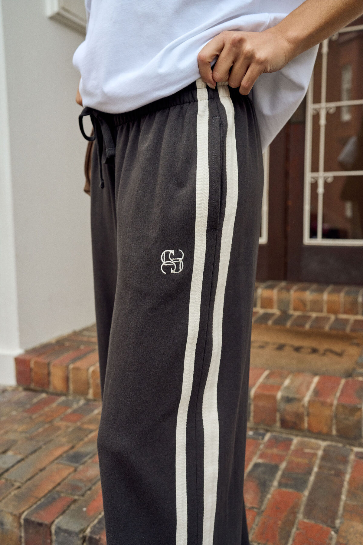 Ceres Life Gigi Wide Leg Trackpant - Black with White Stripe - Image 2