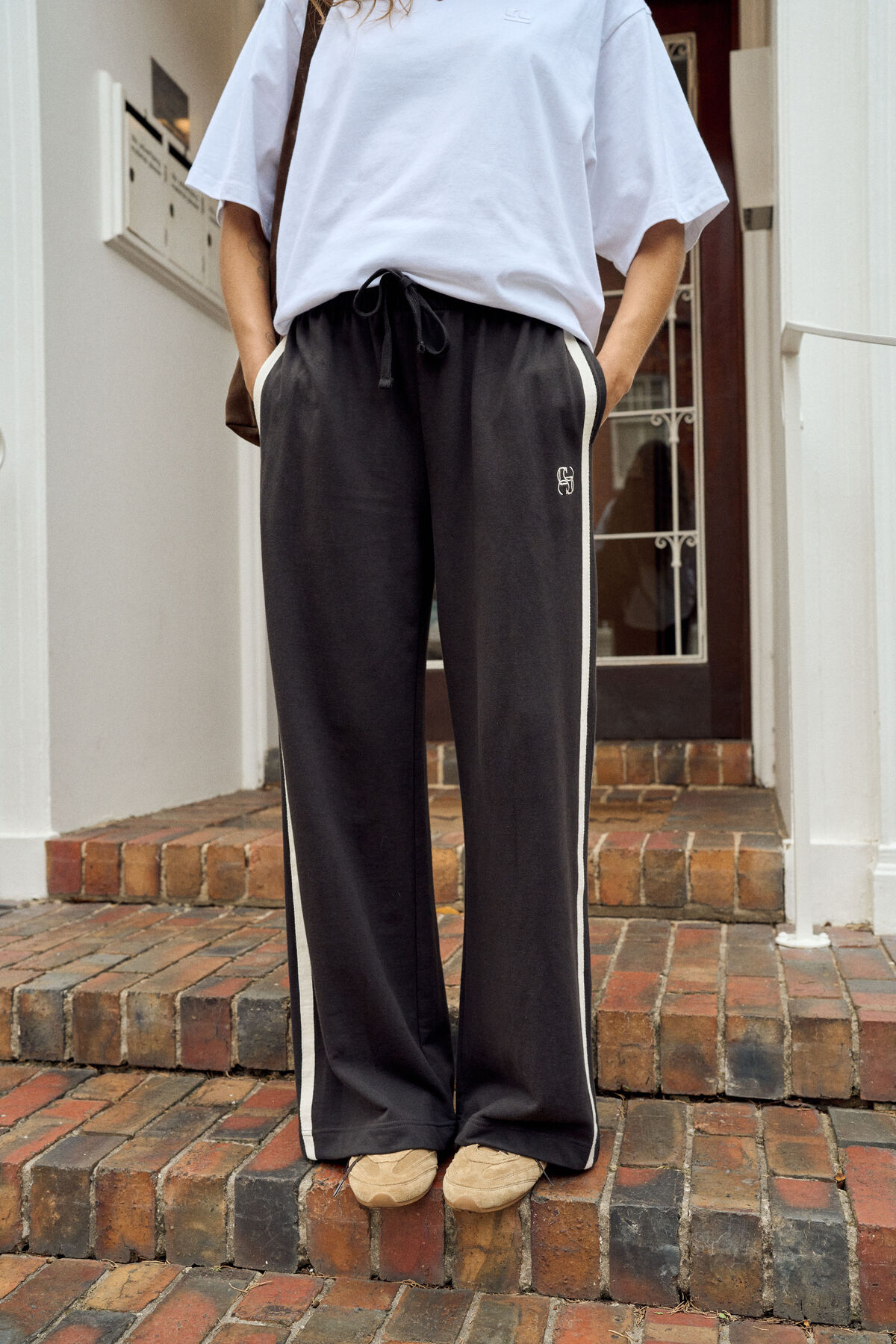 Ceres Life Gigi Wide Leg Trackpant - Black with White Stripe