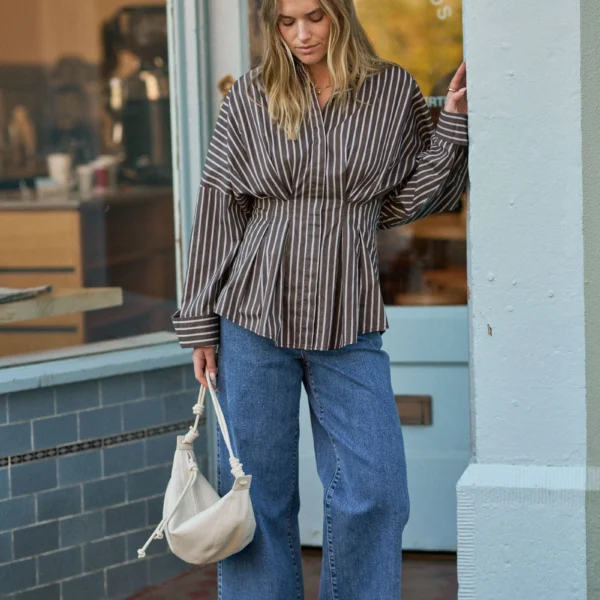 Ceres Ella Pleat Shirt/chocolate stripe