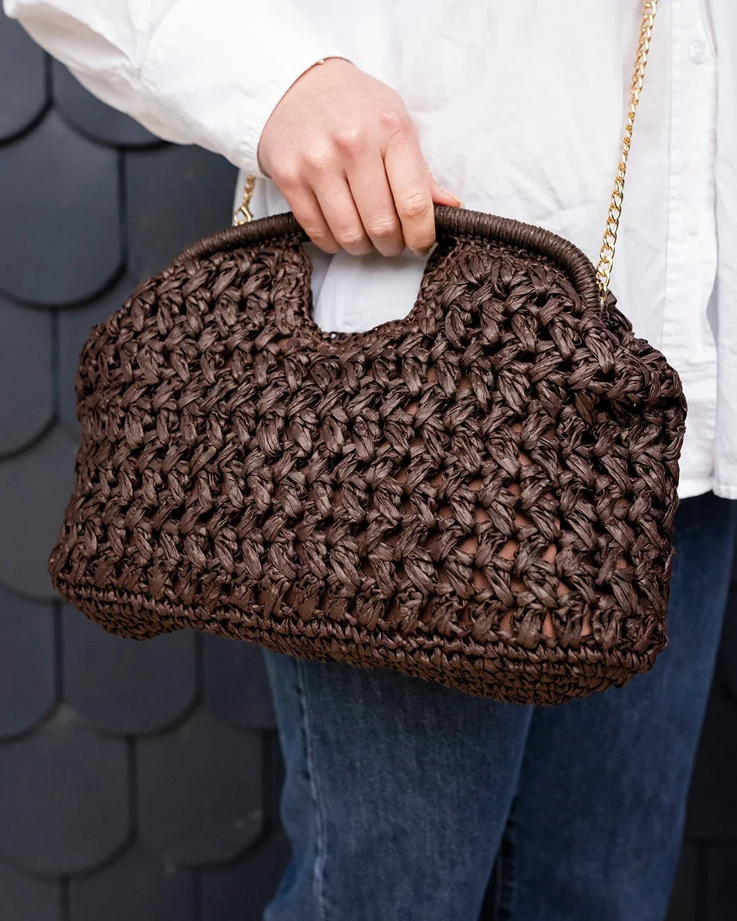 Greenwood Pippa Raffia Clutch - Chocolate